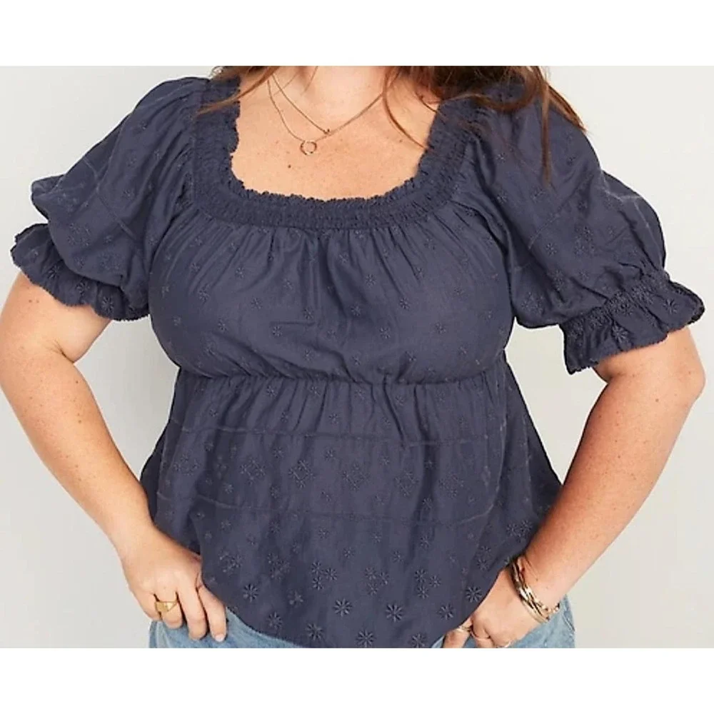 Old Navy 4X Top Blue Embroidered Puff Sleeve‎ Boho Peasant Flowy Fall New W/Tag